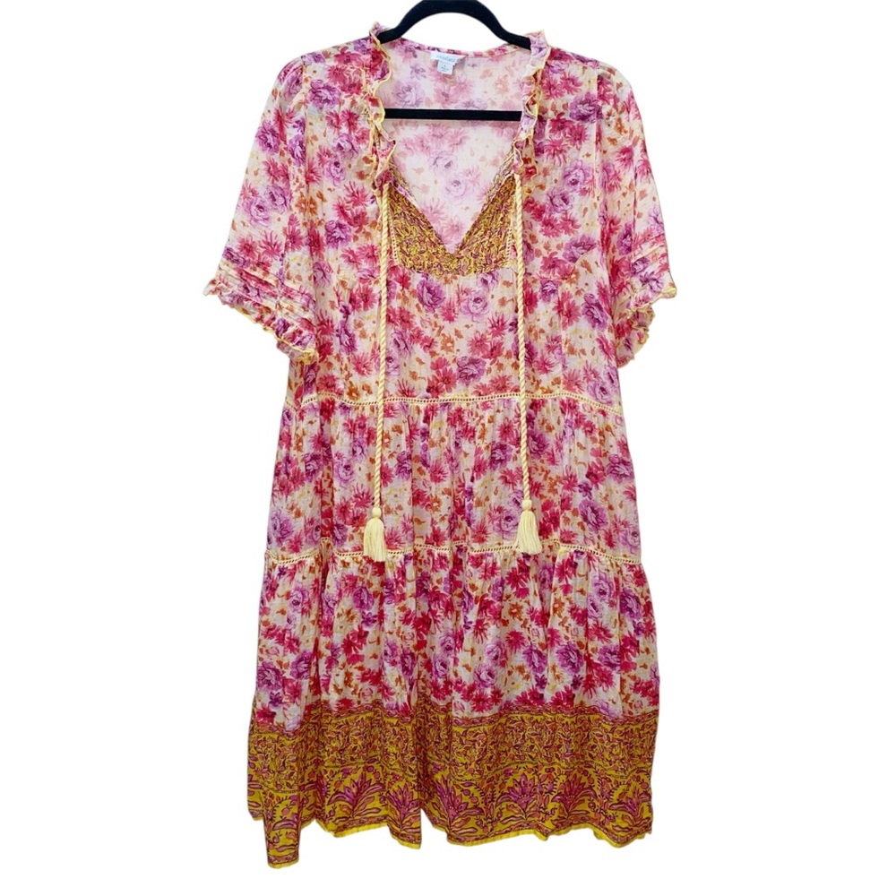 Sundance Fields of Beauty Dress Pink Yellow Tiered Tassel Tie Midi Size Large - Picture 2 of 14